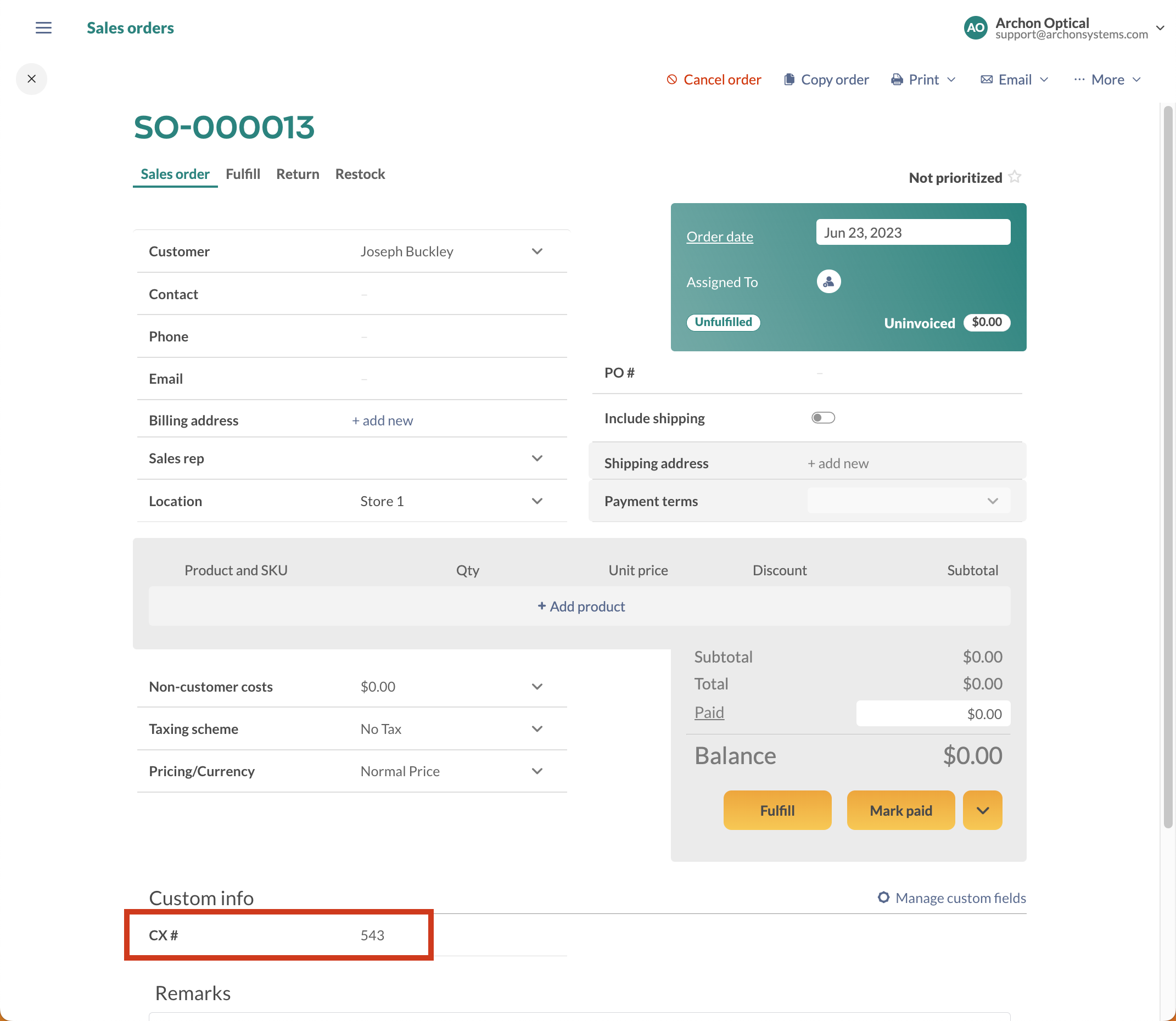 inFlow sales order, highlighting a custom field.