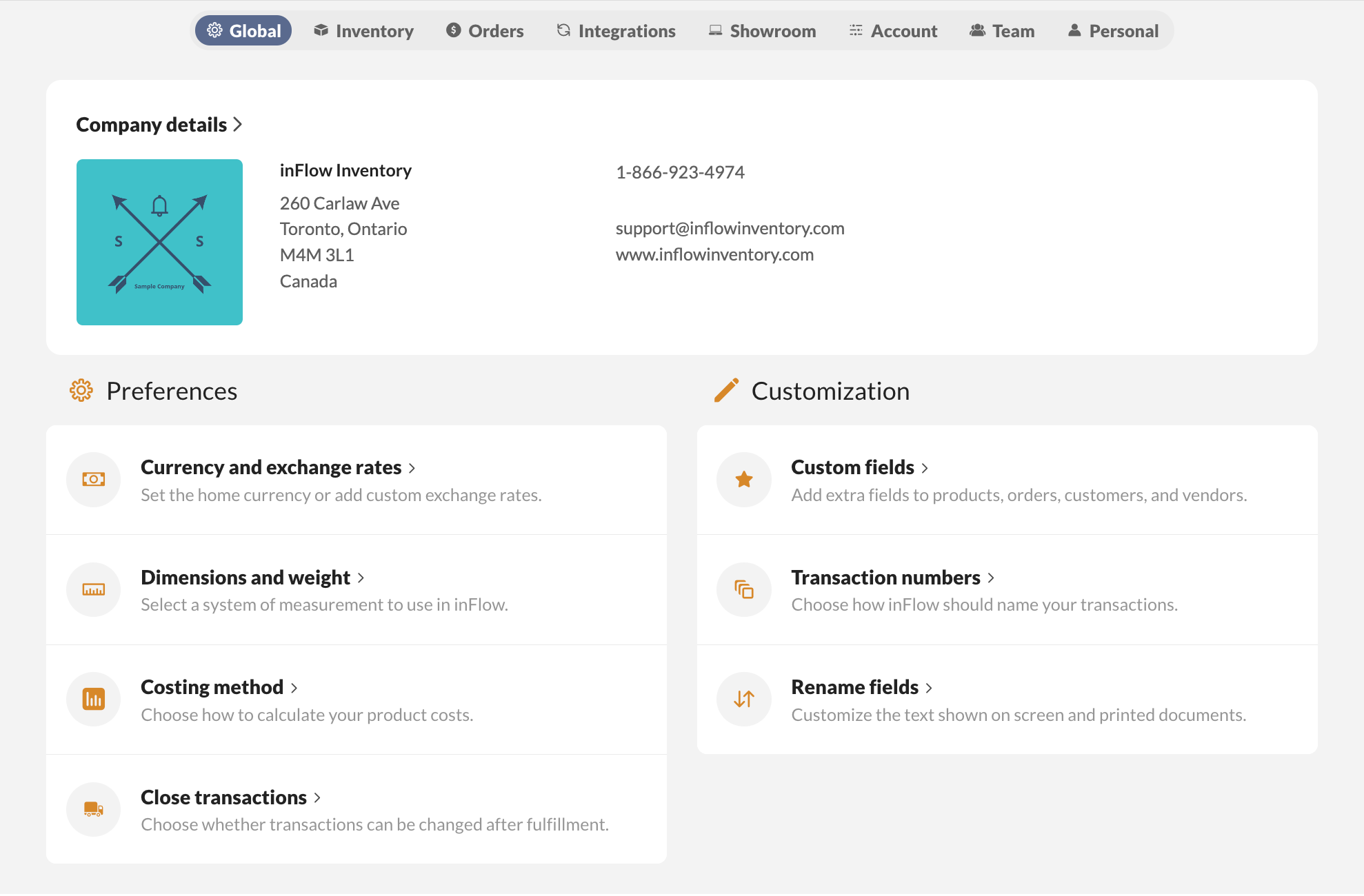 inFlow's Global settings screen.