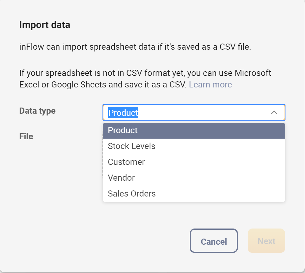 Screenshot of the inFlow web app import interface 