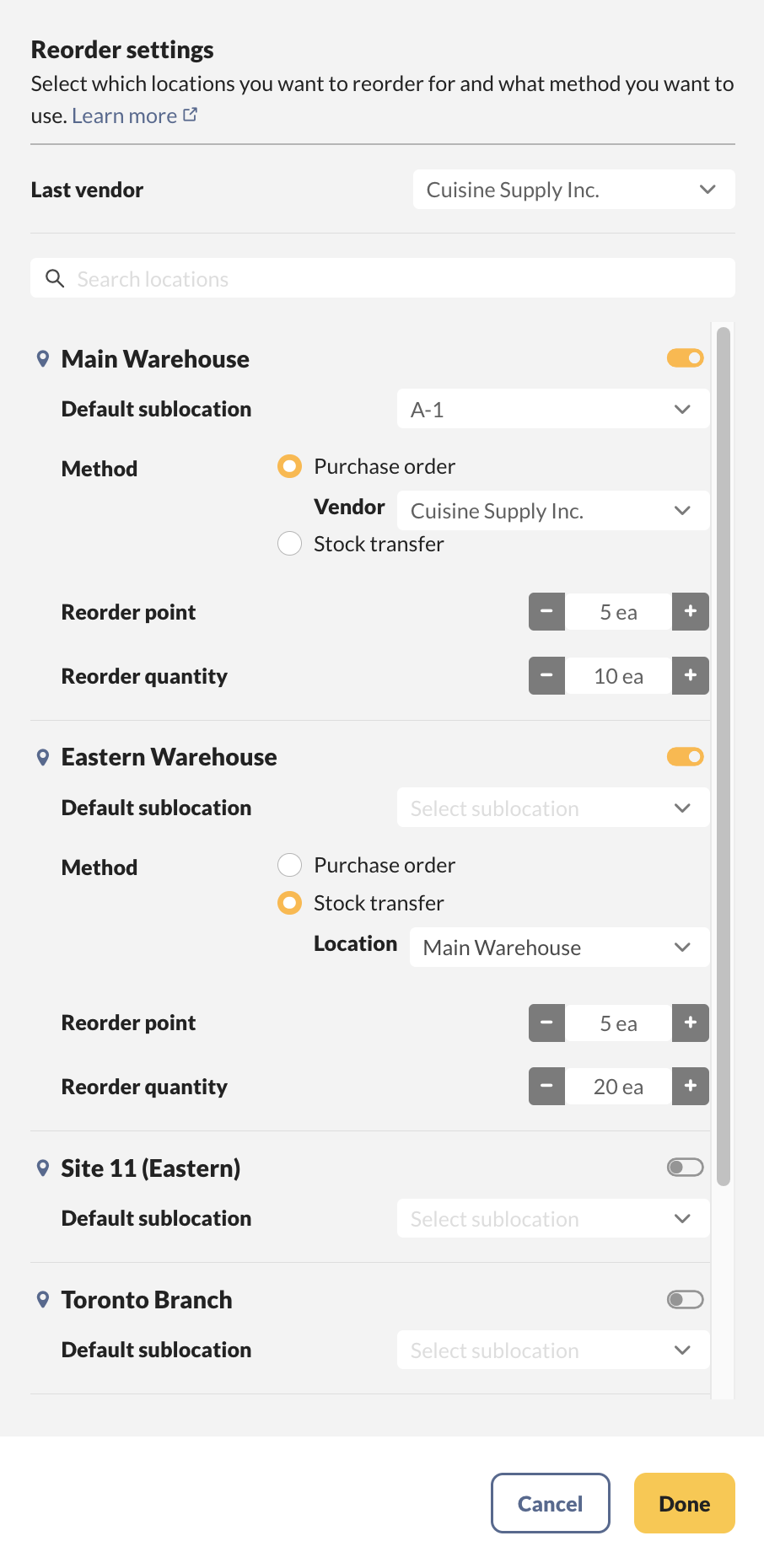 Product record reorder screen.