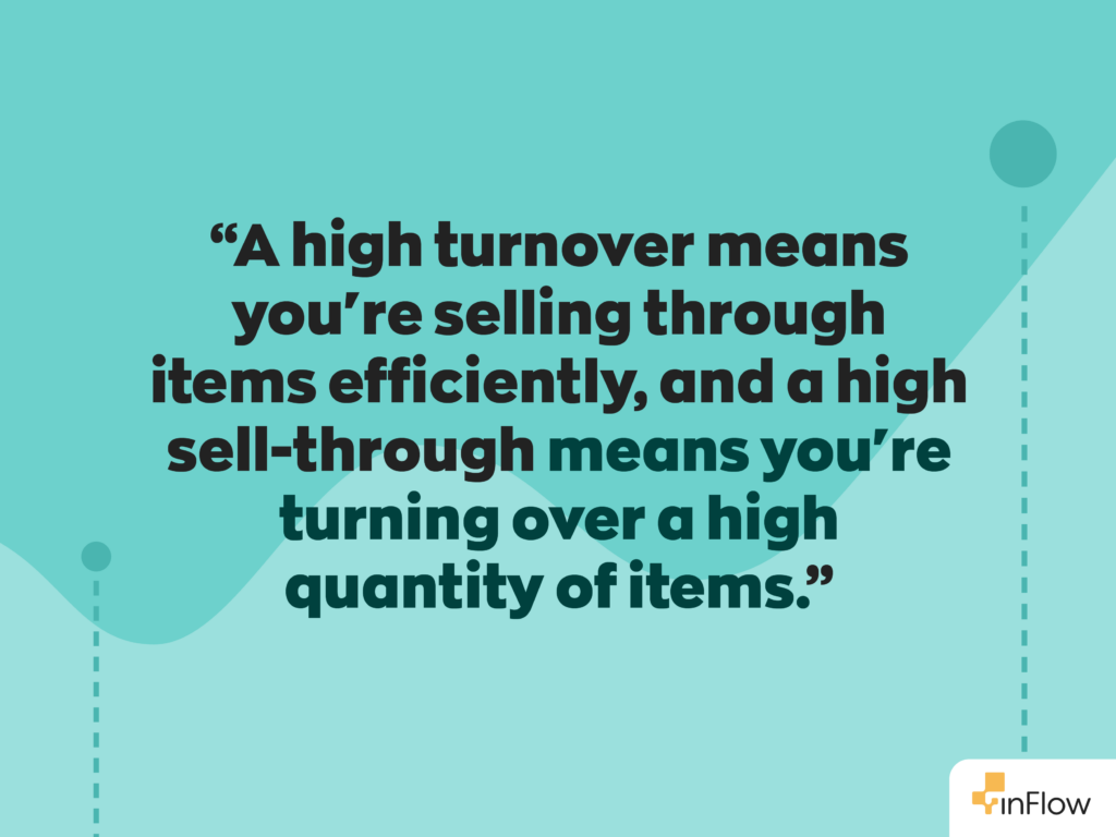 A high inventory turnover ratio means you're selling through items efficiently, and a high sell-through rate means you're turning over a high quantity of items. 