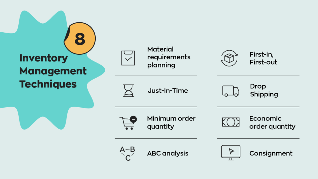 8 Inventory Management Techniques:
1. Material requirements planning
2. First-in first-out
3. Just-in-time
4. Drop shipping
5. Minimum order quantity
6. Economic order quantity
7. ABC analysis
8. Consignment 