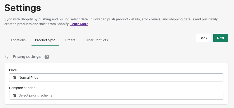 inFlow Connector app settings page. Selecting inFlow pricing settings to Shopify.