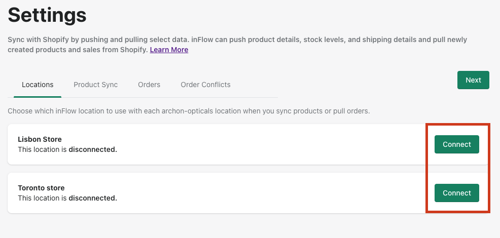 inFlow Connector app settings page. Highlighting locations from the Shopify store that can connect to inFlow Inventory