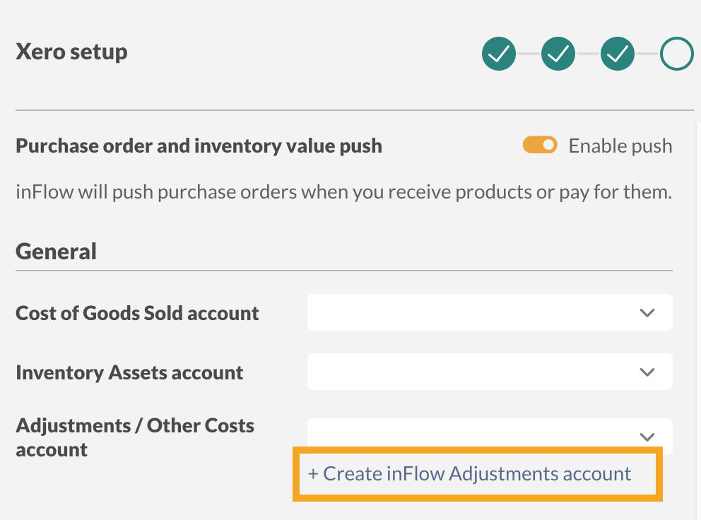 The inFlow to Xero integration settings screen allows you to create an inFlow Adjustments account directly in Xero.