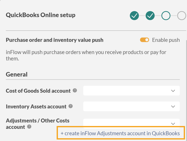 The inFlow to QuickBooks Online integration settings screen allows you to create an inFlow Adjustments account directly in QuickBooks Online.