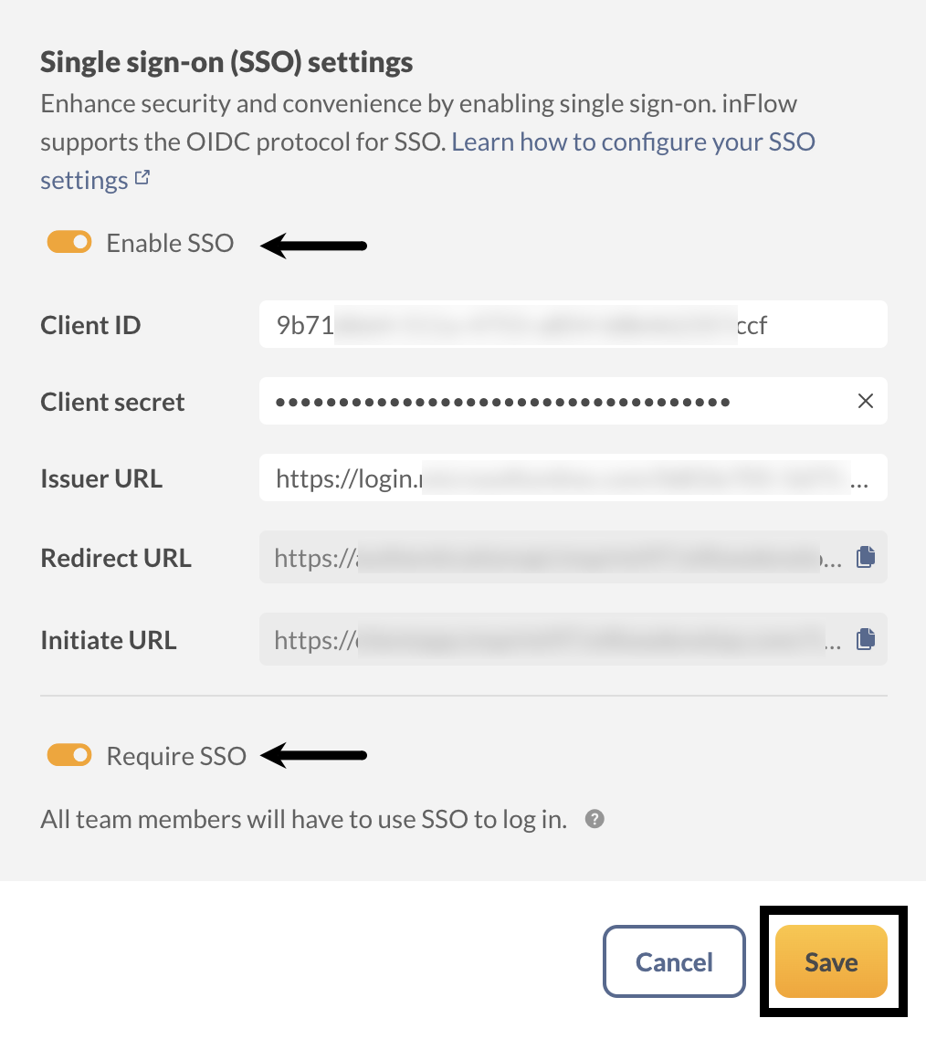 inFlow’s single sign-on settings screen.