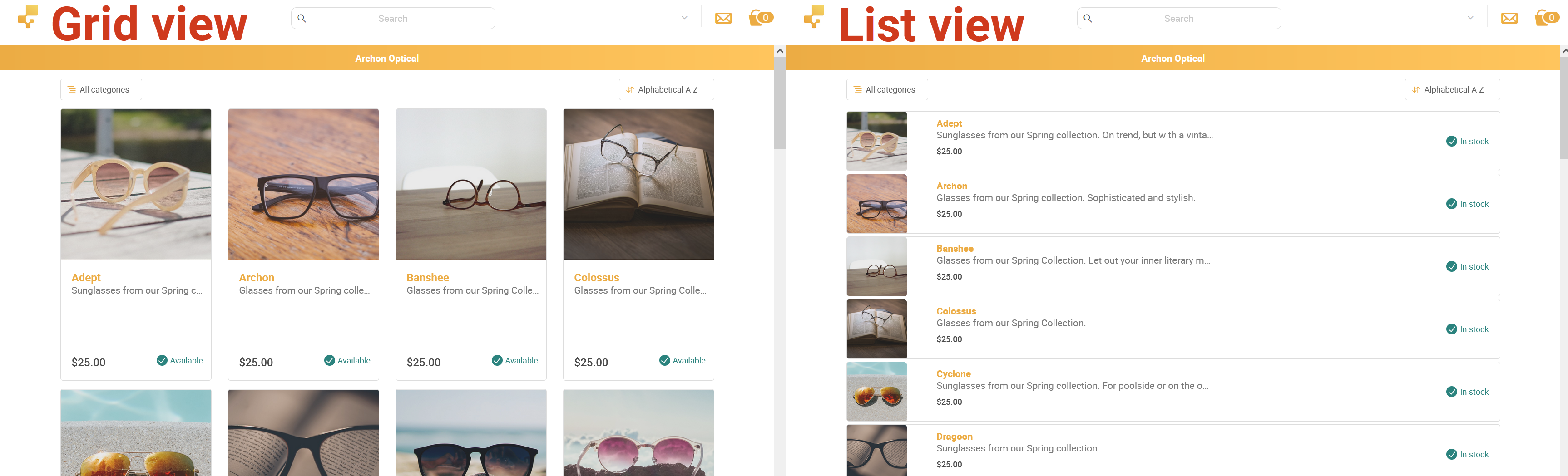 The Online Showroom with products listed in a grid view or list view.