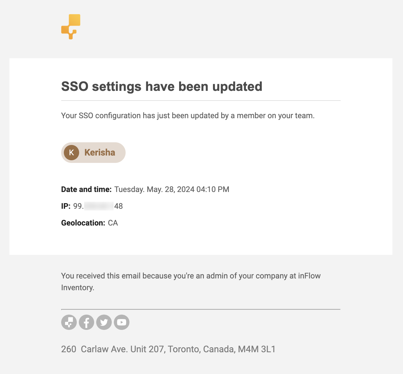 This is a notification email sent to inFlow Administrators when inFlow has been accessed with a password instead of SSO. The email contains the user’s name, date and time, IP address, and geolocation of the user who logged in with their password.