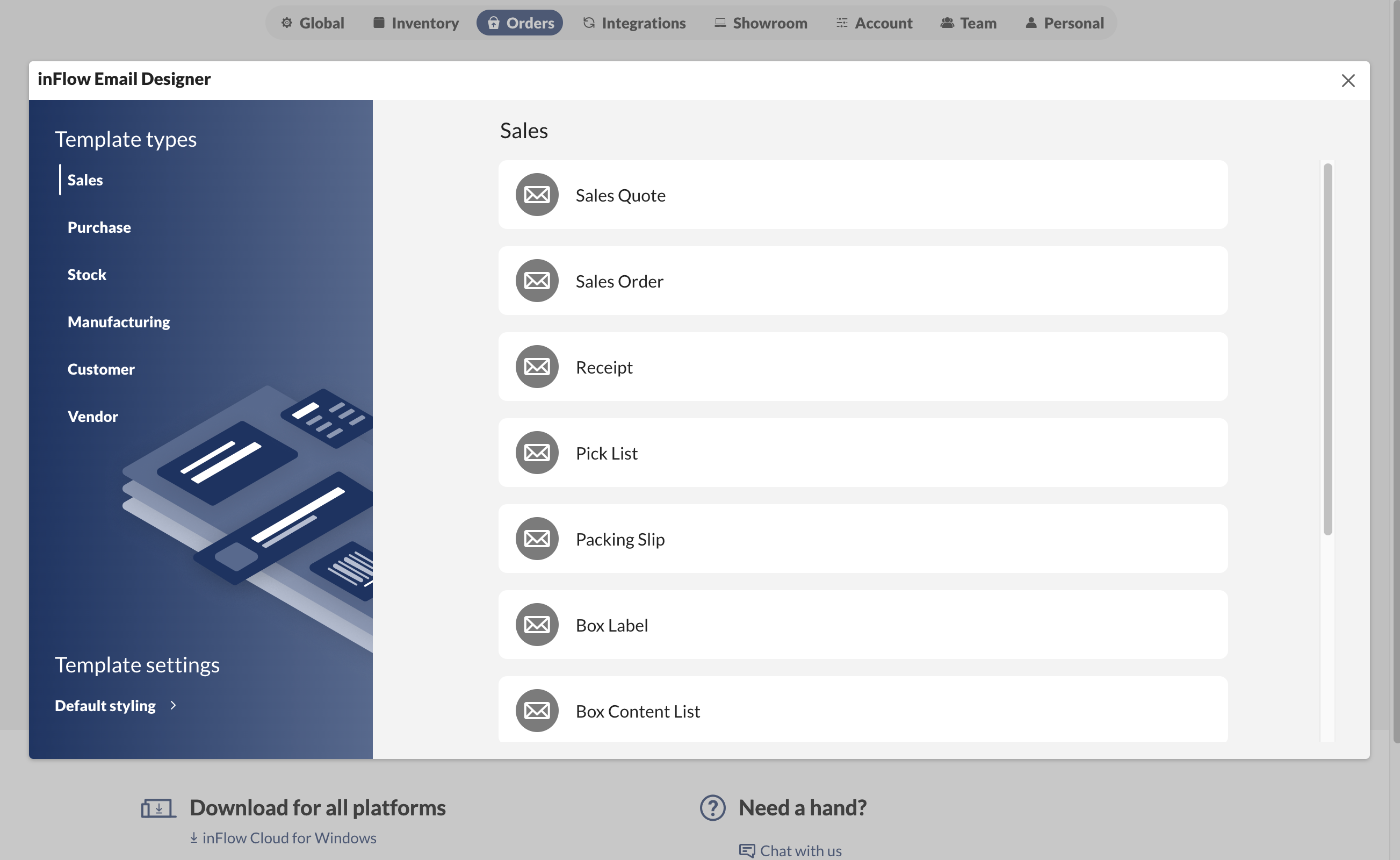 This screen shows the different template types for inFlow's Email Designer.