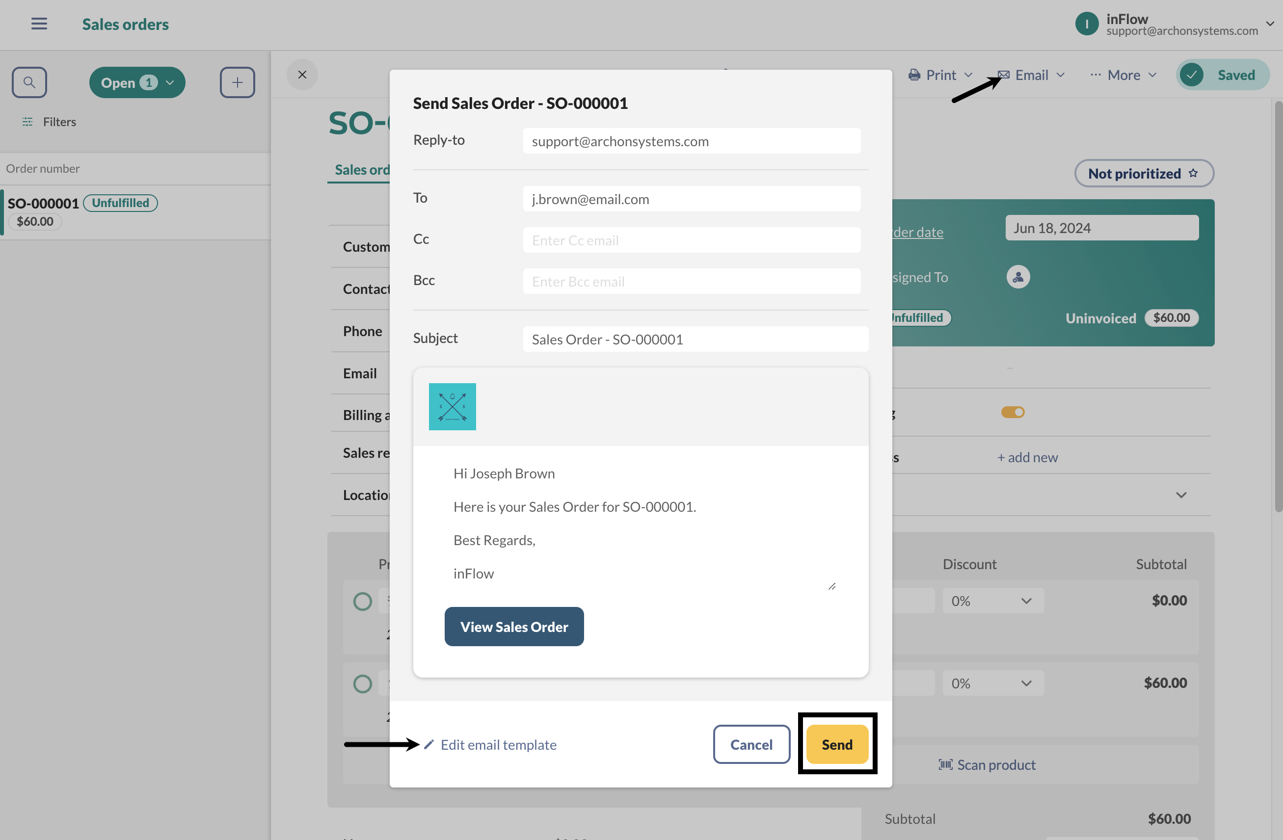 The inFlow sales order screen that shows how to send an email and edit the email template if needed. 