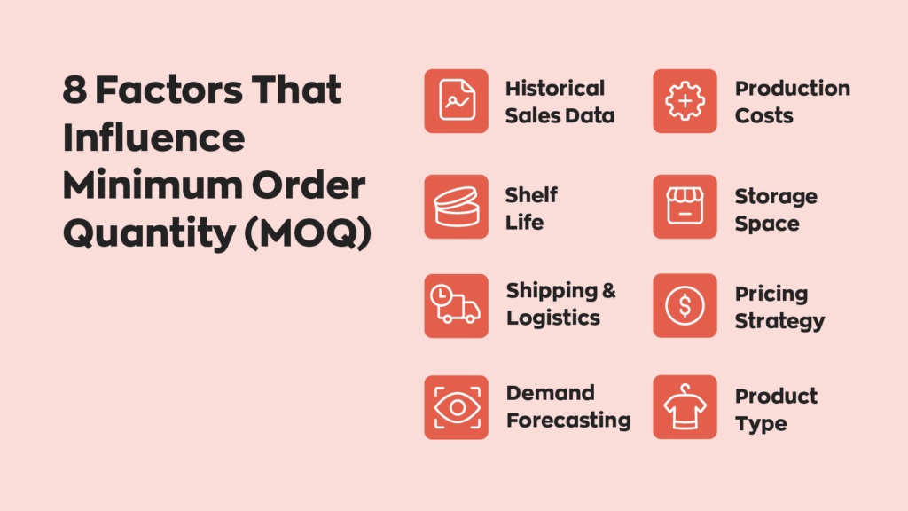 8 Factors That Influence Minimum Order Quantity (MOQ):  1. Historical Sales Data
2. Shelf Life
3. Shipping & Logistics
4. Demand Forecasting
5. Production Costs
6. Storage Space
7. Pricing Strategy
8. Product Type