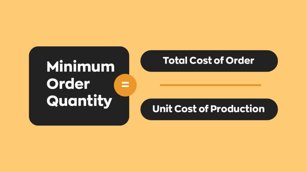 Minimum Order Quantity (MOQ) formula:  Minimum Order Quantity = Total Cost of Order / Unit Cost of Production