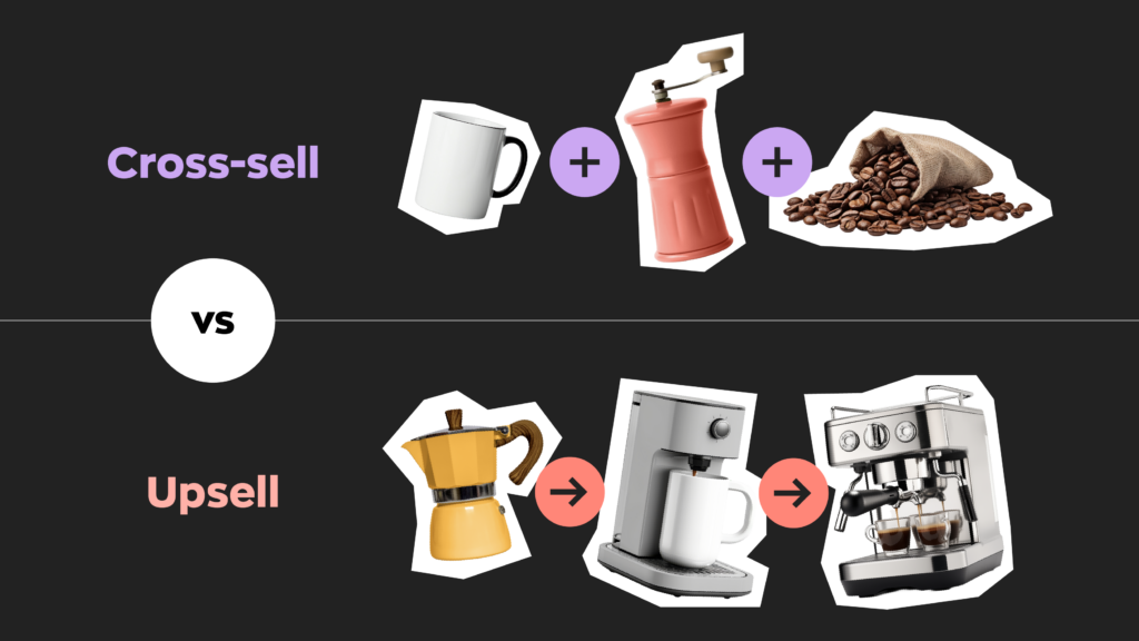 Graphic showing the difference between cross-selling vs upselling 