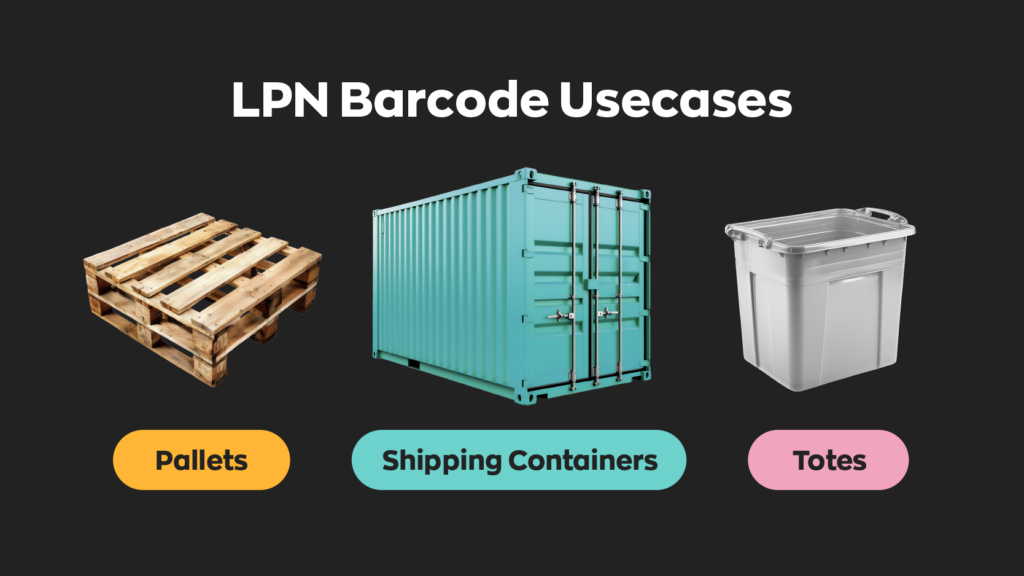 A graphic showing an example of what LPN barcodes are used for. 
- Pallets
- Shipping containers
- Totes