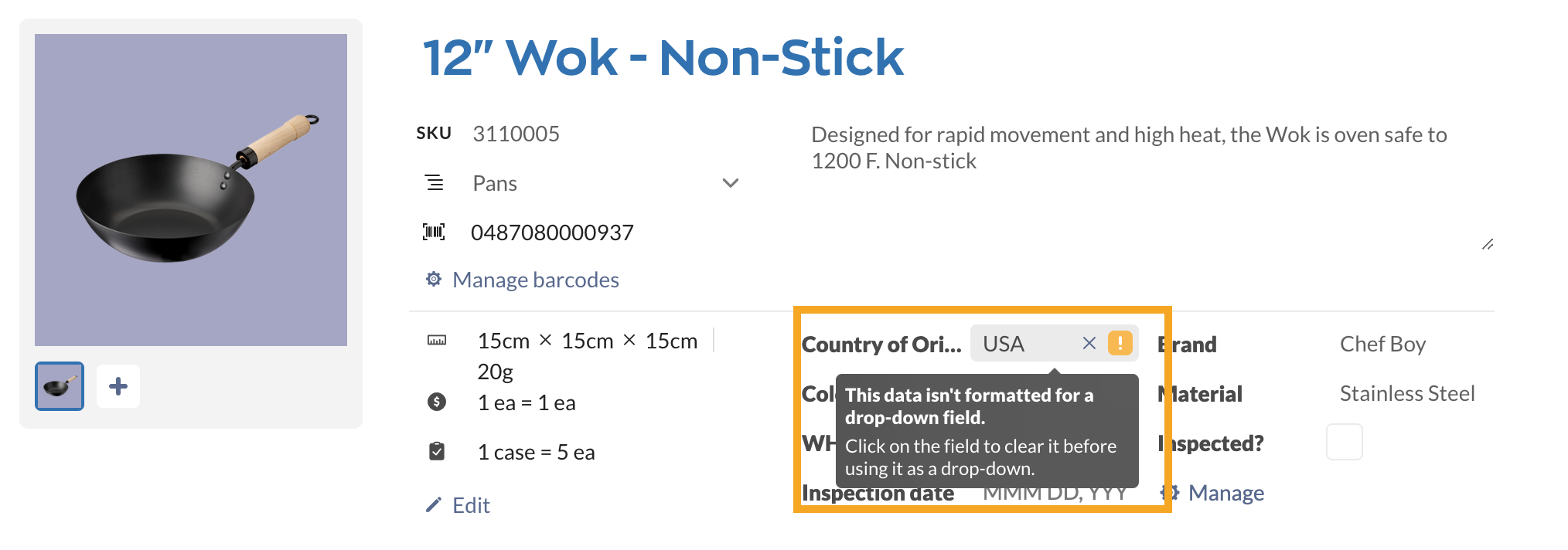 If the data in a custom field does not match its type, inFlow will display an error symbol.