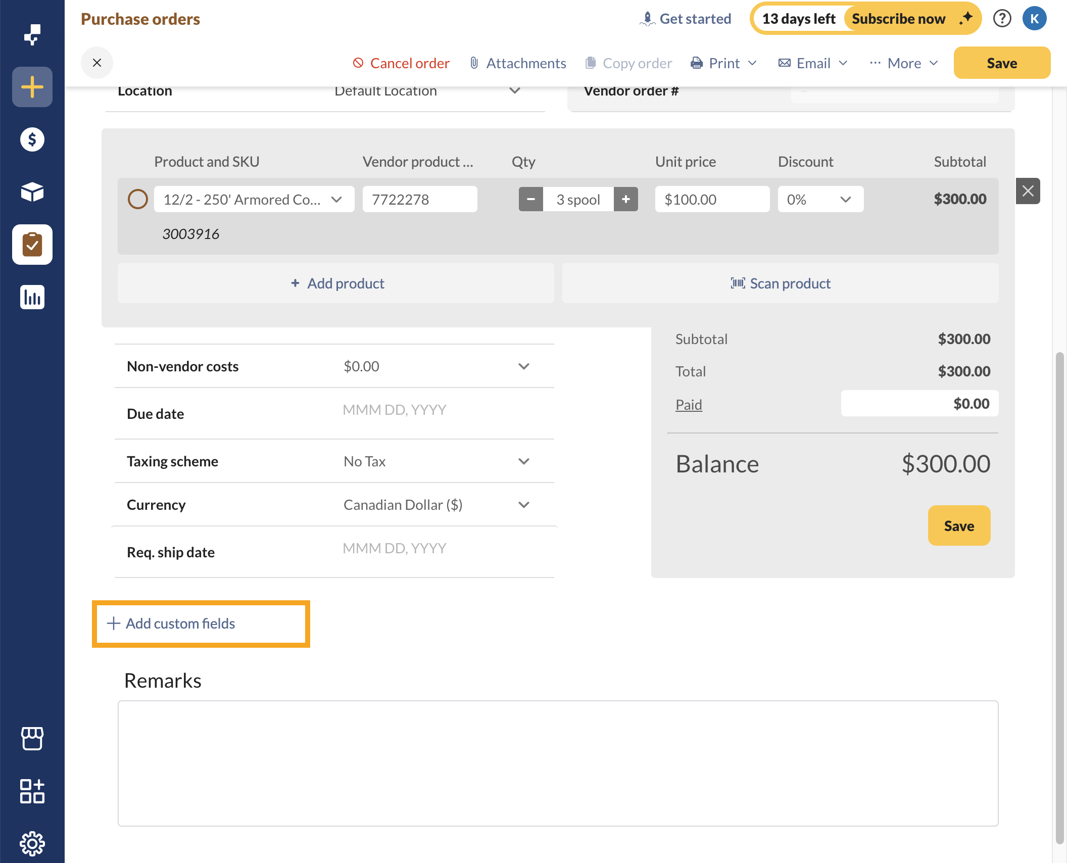 This image shows where you can add a custom field directly from a purchase order.