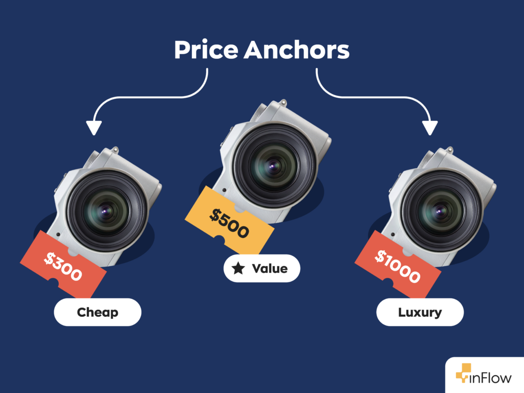  Price Anchoring Example #2:
A graphic of three versions of a camera. The first is $300 and is perceived as cheap. The last is $1000 and is viewed as a luxury. The camera in the middle is seen to have the most value at $500. The cameras on either end of the spectrum act as the price anchors. 