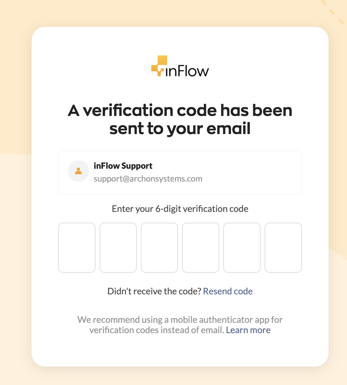 This image displays the login screen with two-factor authentication enabled; the inFlow login screen requires a six-digit verification code for access.