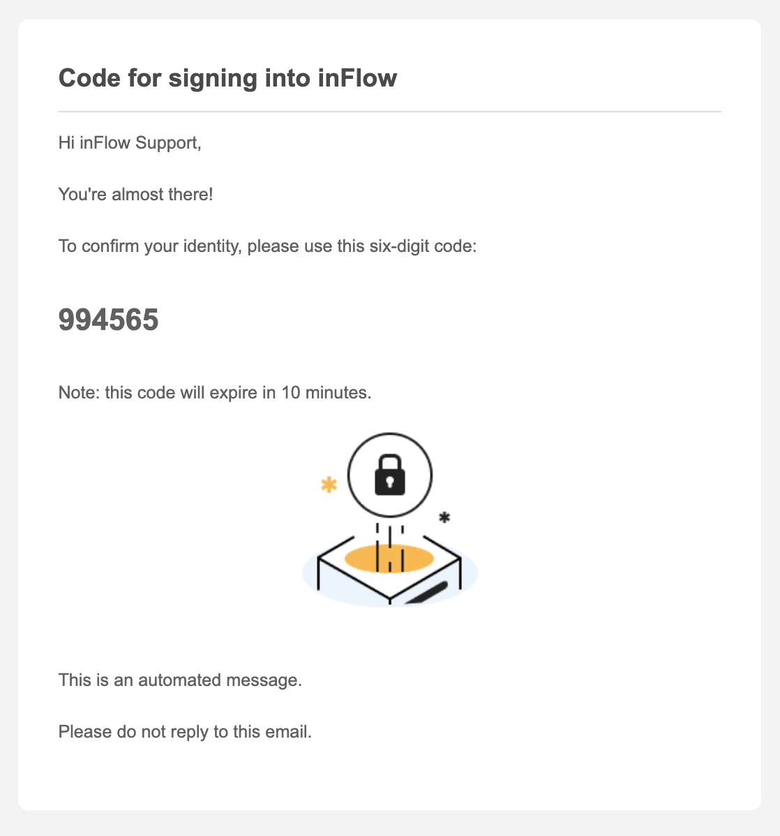 This image in an example email containing a six-digit verification code required for the inFlow login screen.