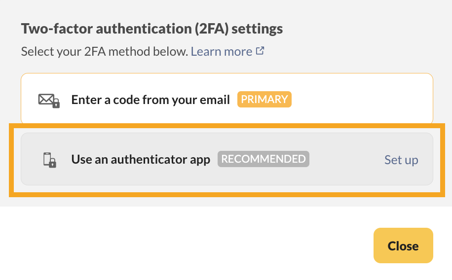 This image shows inFlow's two-factor authentication settings. You can choose to use an authentication app instead of an email code for added security.