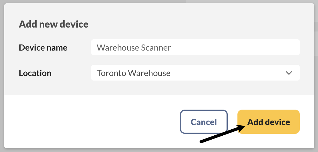 Stockroom device settings where you can add new devices.