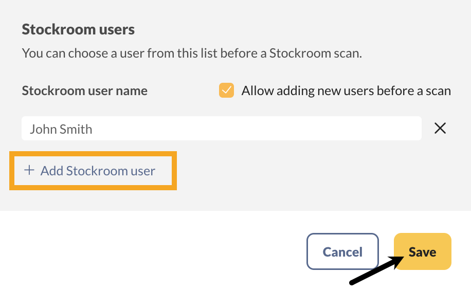 Stockroom users settings where you can add Stockroom users. 