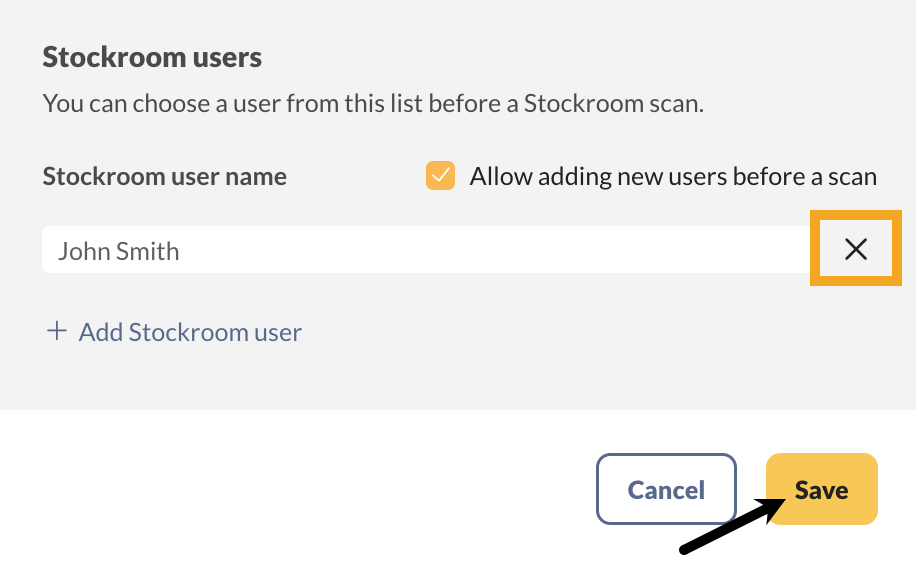 Stockroom users settings where you can add or remove Stockroom users. 