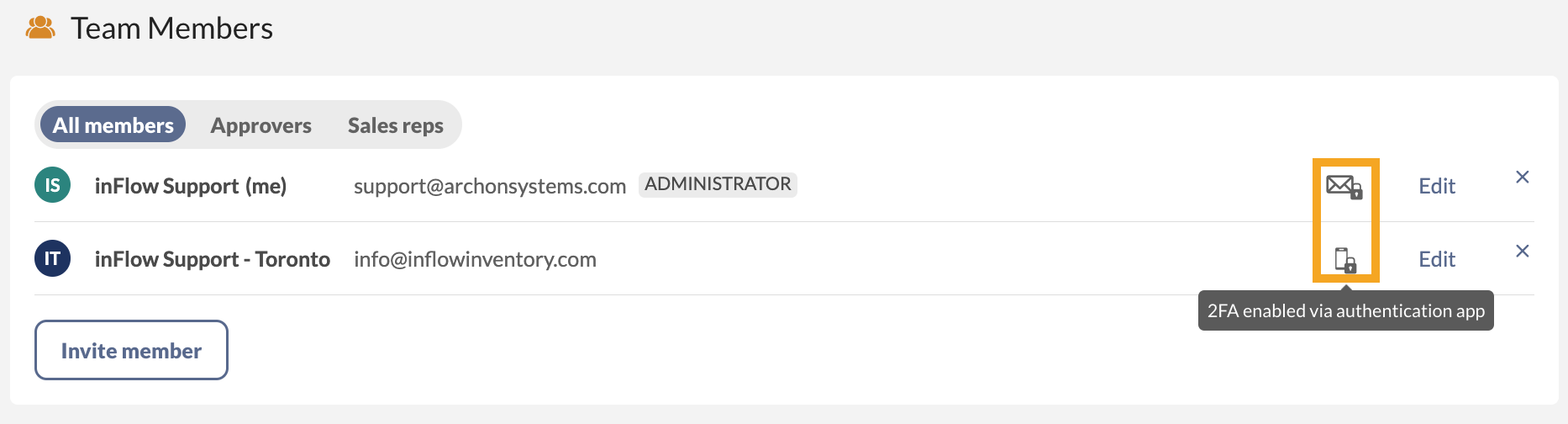 This image displays the list of team members and their registered 2FA methods for logging into inFlow.