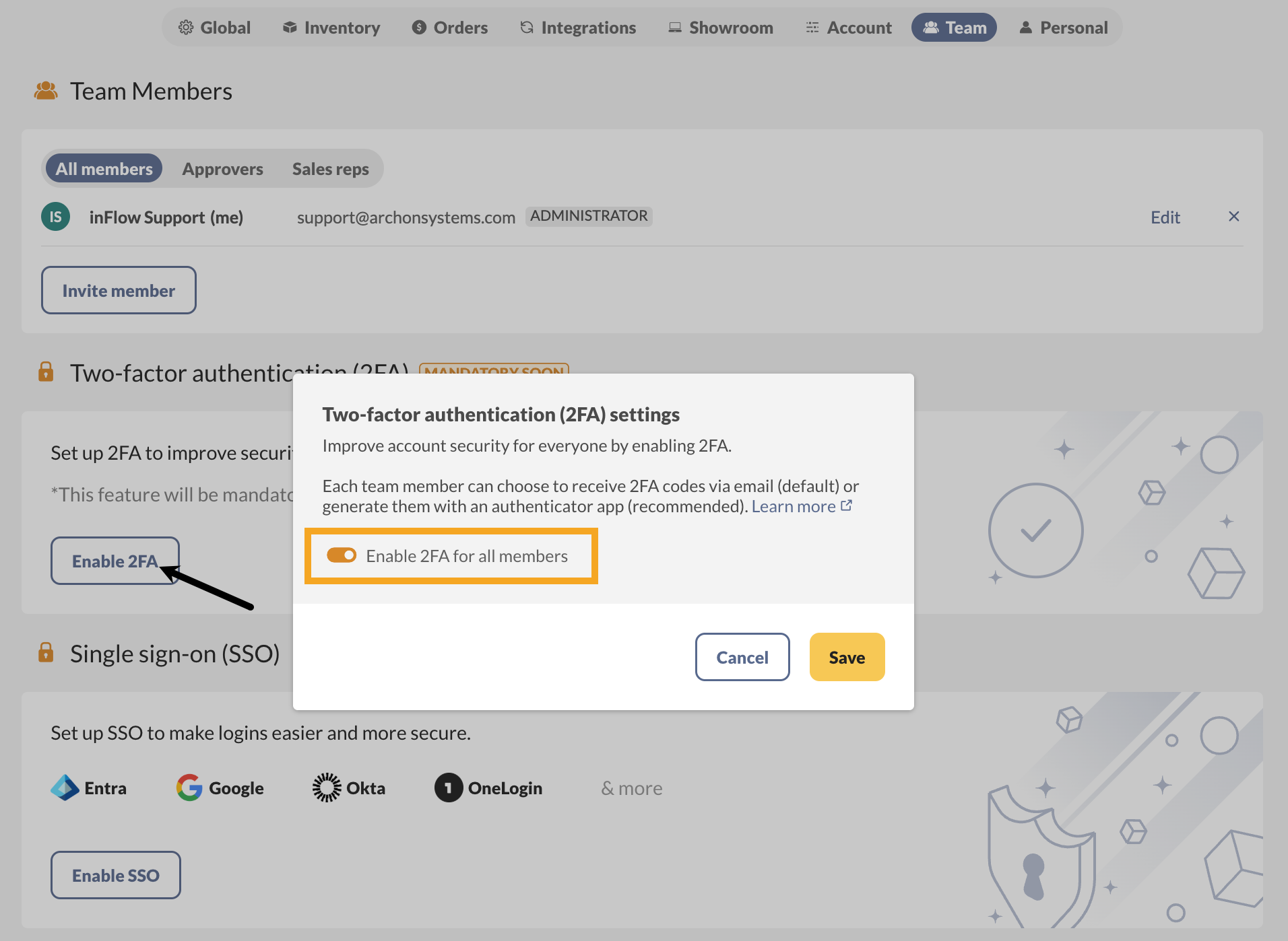 This image shows inFlow customers how to turn on two-factor authentication (2FA) for their accounts.