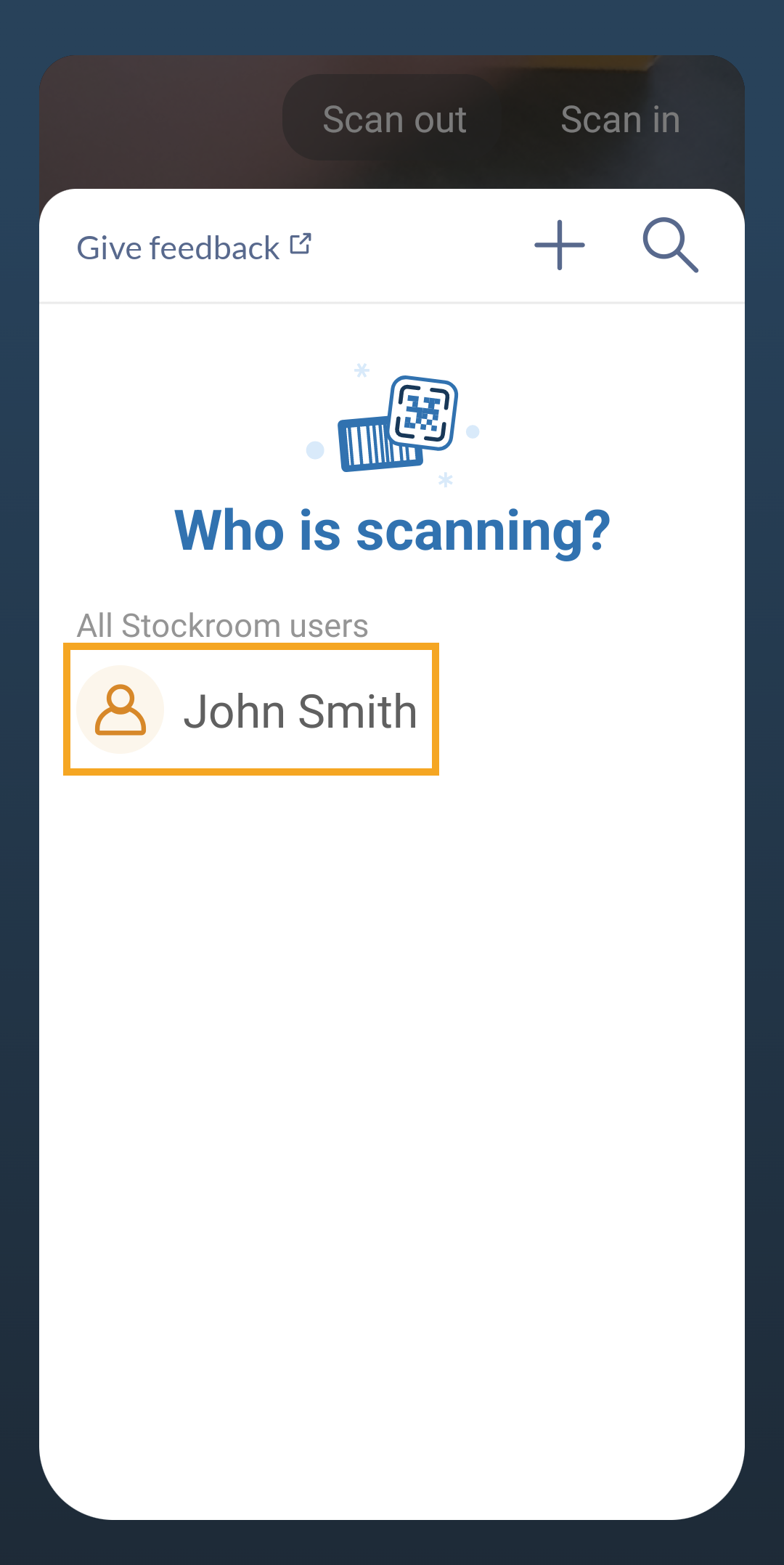 Choosing the user who will be scanning items within the Stockroom app.