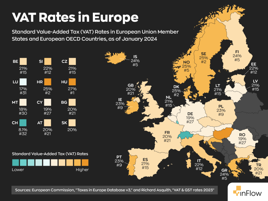 A map of the EU that shows the varying Value Added Tax rates in each country.